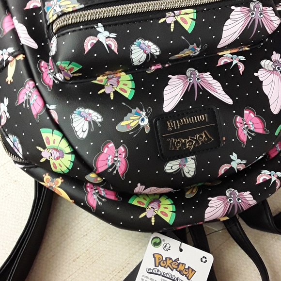 Pokemon Loungefly Black Backpack Venomoth Butterfree faux leather NWT - Picture 8 of 10